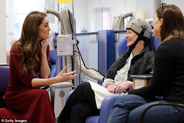 The Princess of Wales talks with patient Katherine Field at the Royal Marsden Hospital today