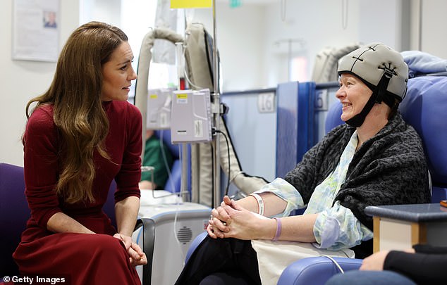 The  Princess of Wales talks with patient Katherine Field at the Royal Marsden Hospital today