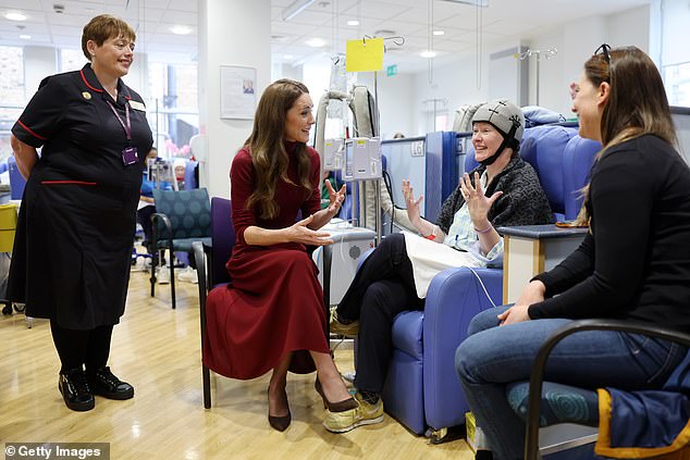 The Princess of Wales talks with patient Katherine Field at the Royal Marsden Hospital today