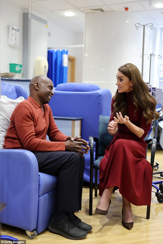 The Princess of Wales talks with patient Peter Burton at the Royal Marsden Hospital today