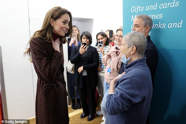 The Princess of Wales talks with patient Rebecca Mendelhson at the Royal Marsden Hospital