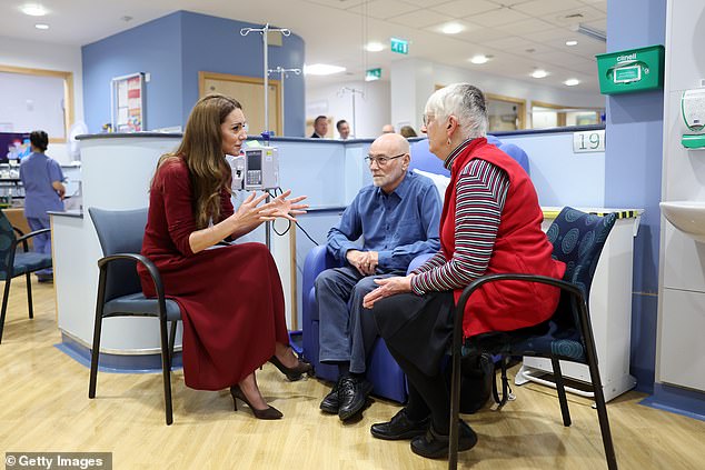 The Princess of Wales talks with patient Richard Bosworth at the Royal Marsden Hospital today