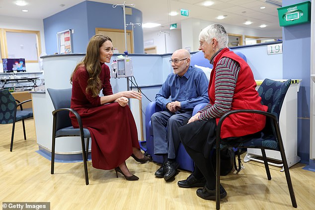 The Princess of Wales talks with patient Richard Bosworth at the Royal Marsden Hospital today