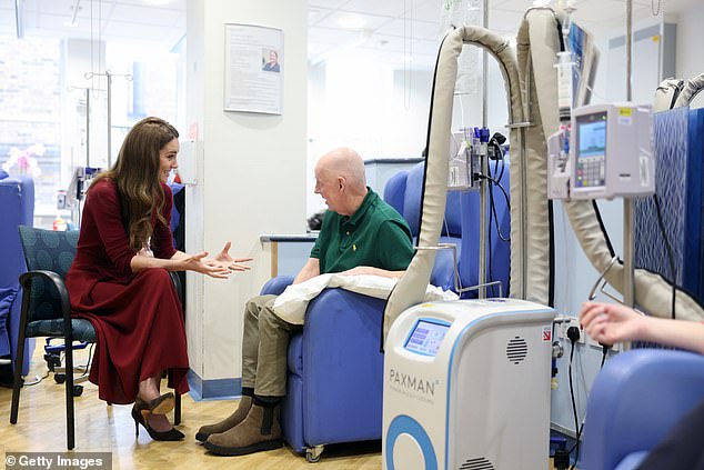 The Princess of Wales talks with patient Kerr Melia at the Royal Marsden Hospital today