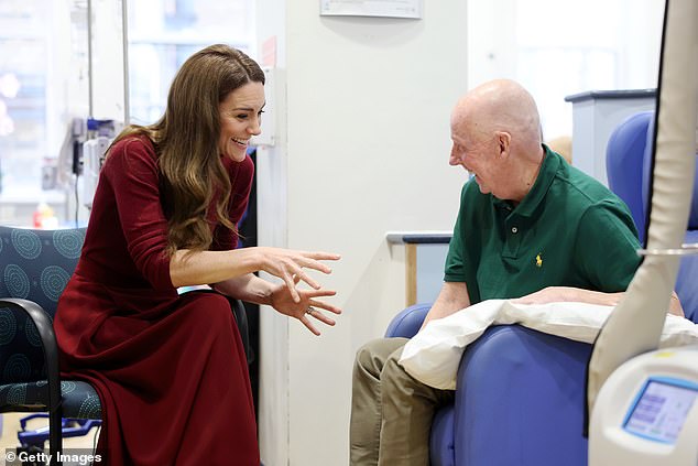 The Princess of Wales talks with patient Kerr Melia at the Royal Marsden Hospital today