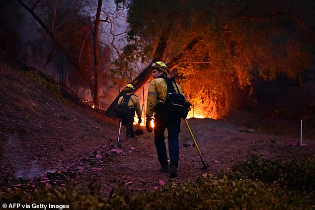 A second enormous fire broke out inland near Pasadena hours later, and both are still raging a week on - costing at least 24 lives , razing an estimated 12,300 structures and wiping out 40,000 acres of land