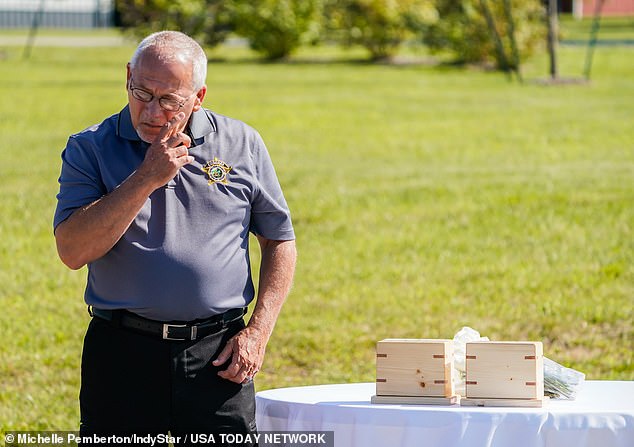 Hamilton County Coroner Jeff Jellison (pictured at a memorial service for the Fox Hollow Farm victims in August 2024) tells DailyMail.com they have found two more victims among the remains