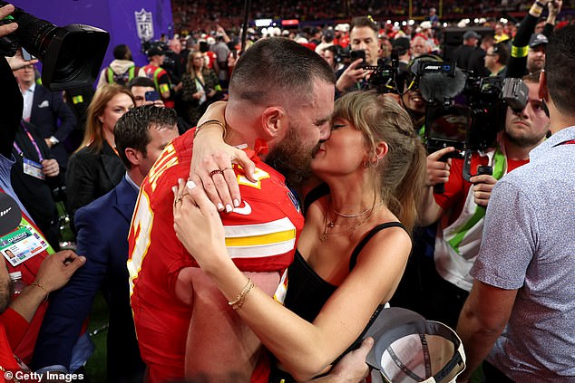 Kelce and Swift famously kissed on the field after she watched him win at Super Bowl LVIII