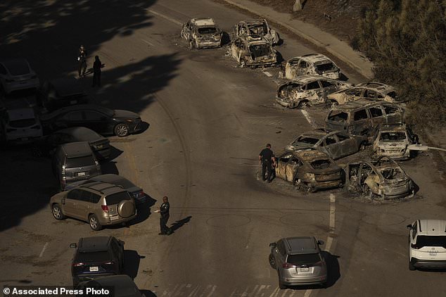 Police officers on Wednesday inspected cars abandoned on Sunset Boulevard during the Palisades Fire