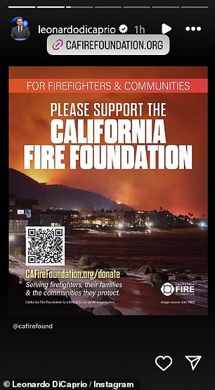 The Academy Award winner posted a link to the California Fire Foundation