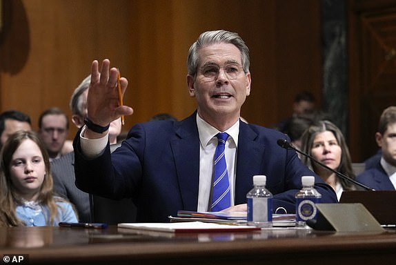 Scott Bessent, President-elect Donald Trump's choice to be Secretary of the Treasury, appears before the Senate Finance Committee for his confirmation hearing, at the Capitol in Washington, Thursday, Jan. 16, 2025.Â (AP Photo/Ben Curtis)