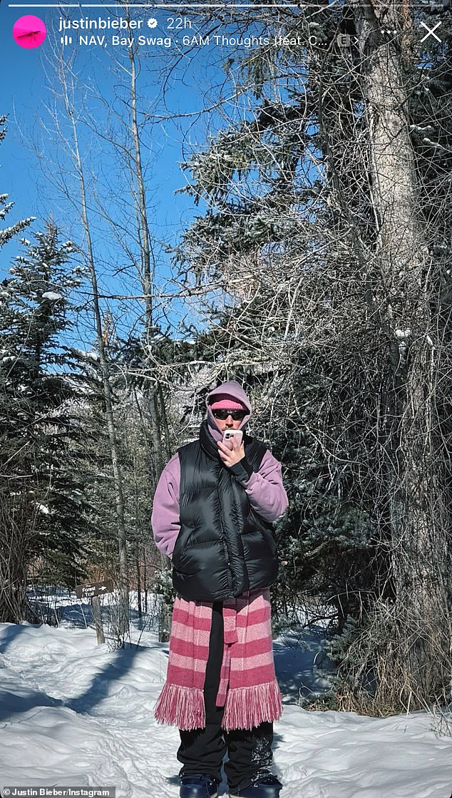 Justin Bieber shared solo shots of himself rocking a quirky winter look - after he unfollowed wife Hailey Bieber's father Stephen Baldwin on Instagram