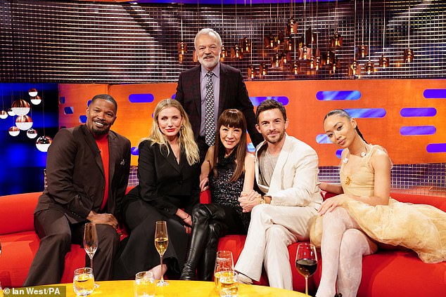 The Graham Norton Show is on BBC One on Friday 17th January. Pictured: Jamie, Cameron, Graham Norton, Michelle Yeoh, Jonathan Bailey and Griff