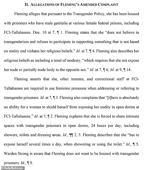 Fleming claimed that prison officials engage in 'forced indoctrination' by requiring inmates to use female pronouns for transgender inmates