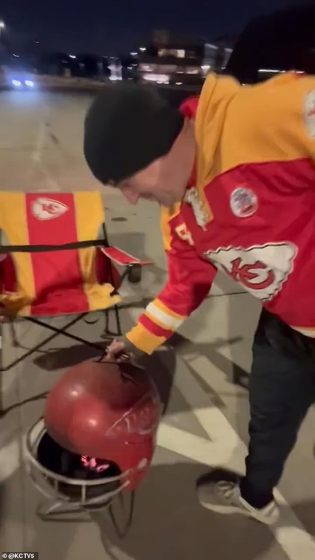 This fan was grilling outside the stadium lot on Friday night, according to KCTV