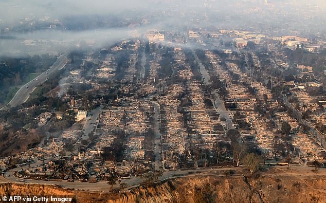 Six fires have erupted across the greater LA area since earlier this month, killing at least 25 people and burning more than 14,445 homes and other structures (pictured: debris from the Palisades Fire)