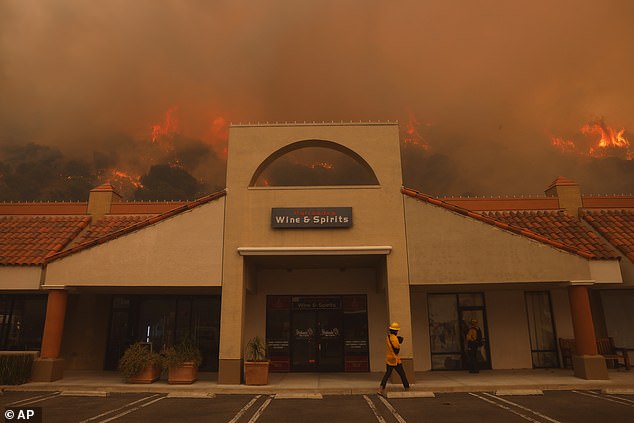 The ravaging Eaton and Palisades fires have so far killed at least 27 people, destroyed more than 12,000 structures and put more than 80,000 under evacuation orders, according to the Associated Press. Pictured: The Palisades Fire ignites behind a liquor store in the Pacific Palisades neighborhood of Los Angeles