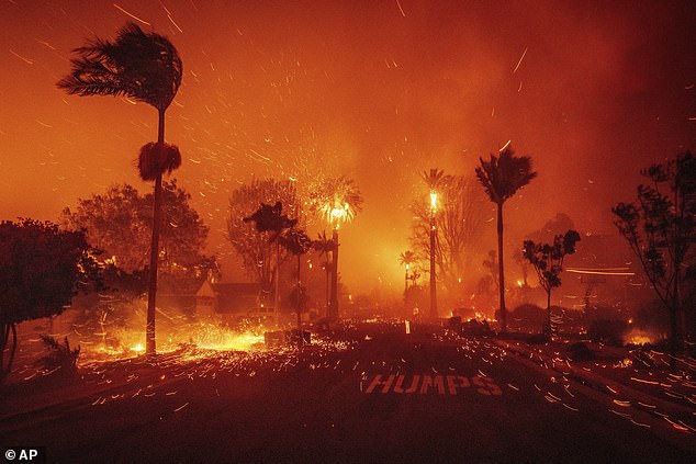 The Palisades Fire ravages a neighborhood amid high winds in the Pacific Palisades neighborhood of Los Angeles