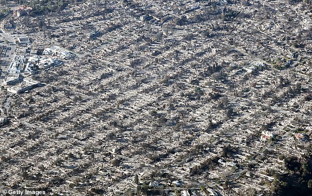 An aerial view of homes destroyed in the Palisades Fire as wildfires caused damage and loss through the LA region