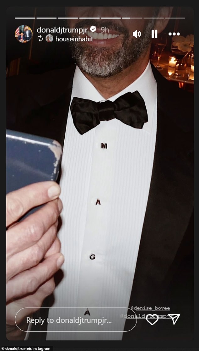 Don Jr. shows of his unique MAGA buttons to his Instagram followers as he enters the star-studded evening event