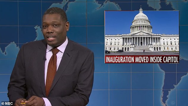 They also brutally mocked Joe Biden, with Michael Che cracking that the president was leaving office and 'riding off into the pavement,' before showing footage of Biden falling off a bike