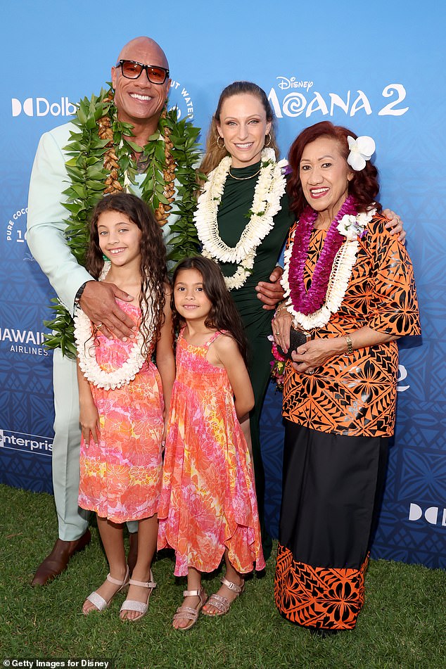 The Red One actor shares Tiana and Jasmine with his current wife, Lauren Hashian; (L-R) asmine Johnson, Dwayne Johnson, Tiana Johnson, Lauren Hashian and Dwayne's mom Ata Johnson pictured in 2024