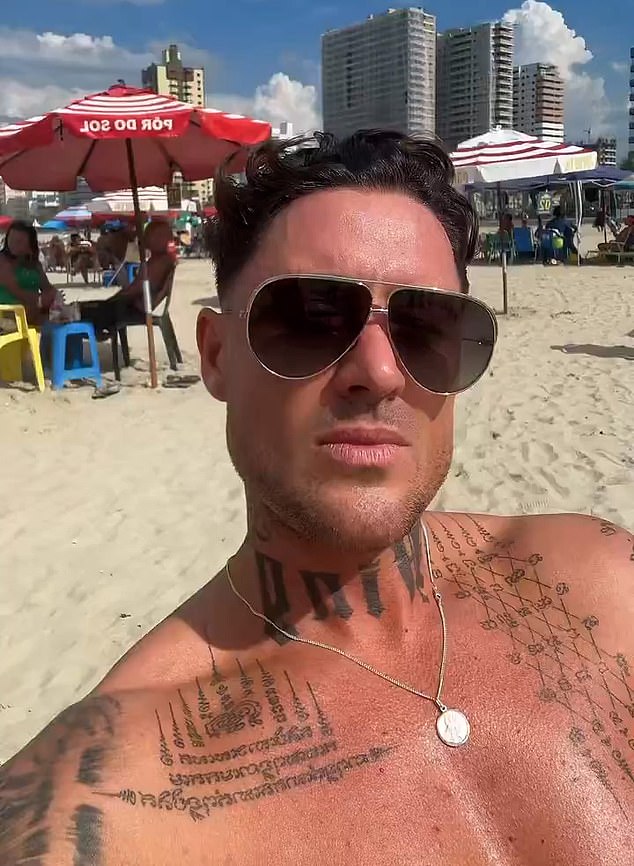 Vile reality TV star Stephen Bear (pictured) has returned to social media, boasting from the beach in Brazil