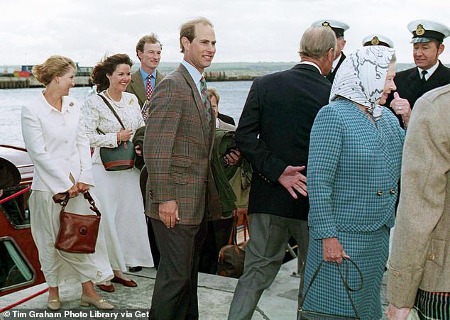 Pictured L-R: Sophie Wessex, Penny Mountbatten, Ivar Mountbatten, Prince Edward, Prince Philip and Queen Elizabeth are pictured in 1995 arriving at their holiday cruise in Scotland