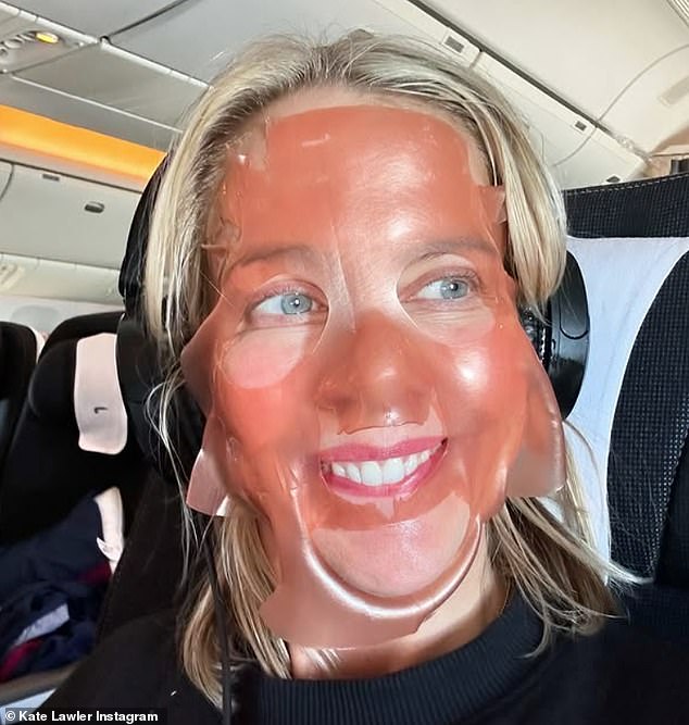 The woman, 44, was keen to keep her skincare goals as she boarded the plane and shared snaps on her Instagram