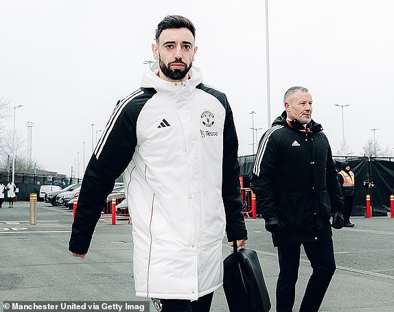 MANCHESTER, ENGLAND - JANUARY 16: Bruno Fernandes of Manchester United arrives ahead of the Premier League match between Manchester United FC and Southampton FC at Old Trafford on January 16, 2025 in Manchester, England. (Photo by Zohaib Alam - MUFC/Manchester United via Getty Images)