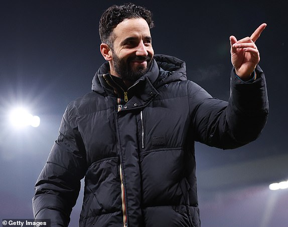 MANCHESTER, ENGLAND - JANUARY 16: Ruben Amorim, head coach of Manchester United, celebrates after the Premier League match between Manchester United FC and Southampton FC at Old Trafford on January 16, 2025 in Manchester, England. (Photo by Alex Livesey - Danehouse/Getty Images)