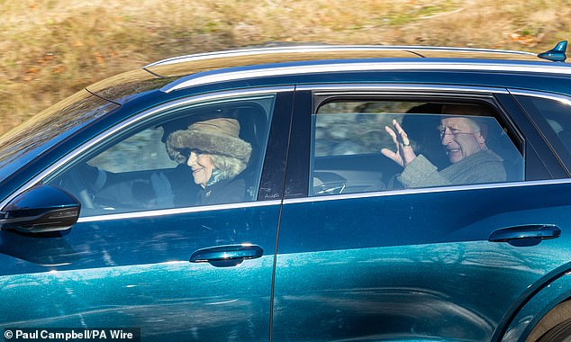 The King and Queen (pictured) attended Sunday service at Crathie Kirk near Balmoral this morning - following the damning profile about Prince Harry and Meghan Markle in Vanity Fair