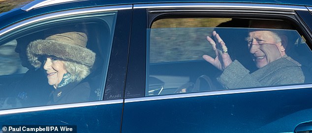 The King waved to well-wishers as he left the Sunday church service at Crathie Kirk, near Balmoral