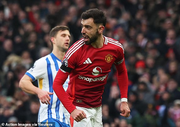 Soccer Football - Premier League - Manchester United v Brighton & Hove Albion - Old Trafford, Manchester, Britain - January 19, 2025 Manchester United's Bruno Fernandes celebrates scoring their first goal Action Images via Reuters/Lee Smith EDITORIAL USE ONLY. NO USE WITH UNAUTHORIZED AUDIO, VIDEO, DATA, FIXTURE LISTS, CLUB/LEAGUE LOGOS OR 'LIVE' SERVICES. ONLINE IN-MATCH USE LIMITED TO 120 IMAGES, NO VIDEO EMULATION. NO USE IN BETTING, GAMES OR SINGLE CLUB/LEAGUE/PLAYER PUBLICATIONS. PLEASE CONTACT YOUR ACCOUNT REPRESENTATIVE FOR FURTHER DETAILS..