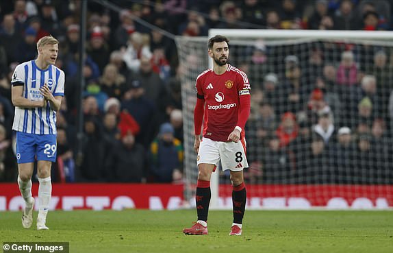 MANCHESTER, ENGLAND - JANUARY 19: Bruno Fernandes of Manchester United looks dejected during the Premier League match between Manchester United FC and Brighton & Hove Albion FC at Old Trafford on January 19, 2025 in Manchester, England. (Photo by Richard Sellers/Sportsphoto/Allstar via Getty Images)