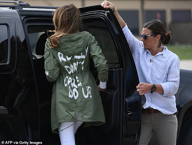 The fashion-forward first lady wore an army-green jacket with the phrase 'I really don't care. Do u?' daubed in white paint across the back. (Melania pictured wearing the jacket in June 2018).