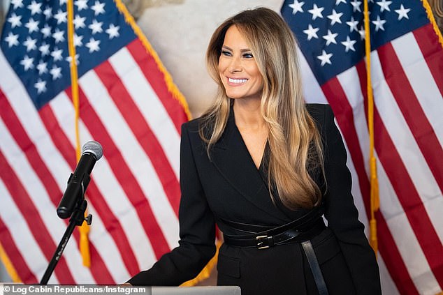 At one of the few 2024 presidential campaign events she attended, Melania reportedly took home a six-figure paycheck. (She is pictured speaking at the fundraiser held by the Log Cabin Republicans in April).