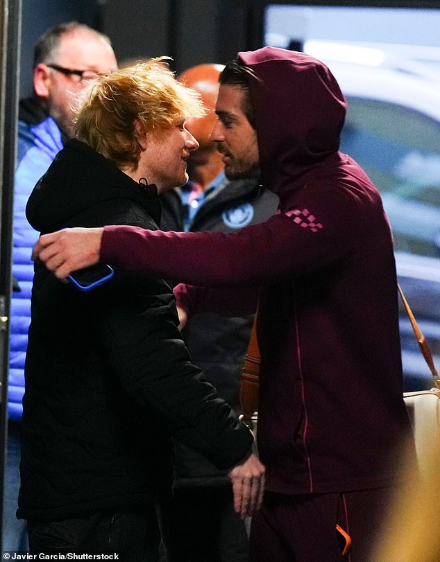 Ed Sheeran, 33, and pal Jack Grealish, 29, shared a hug as they reunited ahead of the singer's beloved Ipswich F.C losing 5-0 to the footballer's team Man City on Sunday