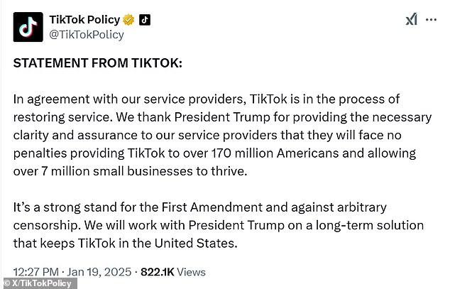 TikTok has confirmed it's working to restore the app while thanking former President Trump for intervening as the social media platform shows the first signs of recovery following its dramatic shutdown