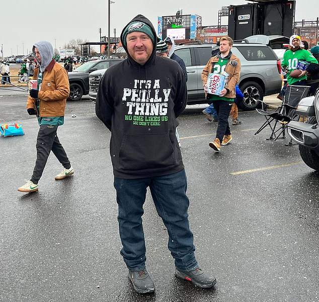 Eagles fan Joe wears a t-shirt that reads: 'It's a Philly thing. No one likes us, we don't care'