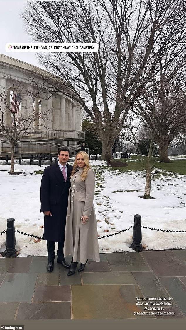 A pregnant Tiffany Trump (pictured) who watched the fireworks alongside her husband Michael Boulos