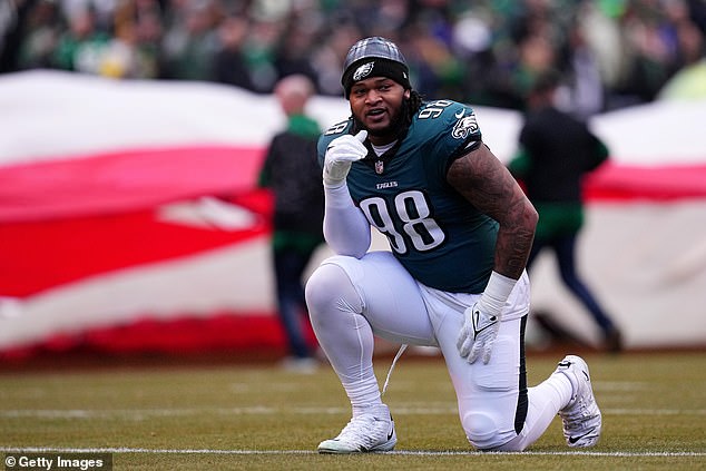 Jalen Carter #98 of the Philadelphia Eagles looks on before the game on Sunday