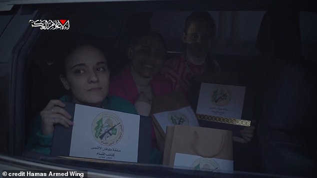 Briton Emily Damari, 28, Romi Gonen, 24, and Doron Steinbrecher, 31, were handed over to Red Cross today after 471 days in captivity. They are pictured in a Hamas propaganda video