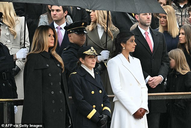 First Lady Melania Trump and Usha Vance arrive to attend the wreath laying