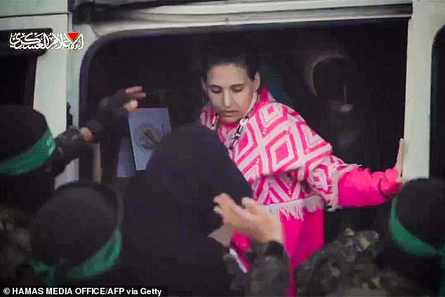 When the door to the van opened, the three former hostages looked terrified, clutching their 'gift bags' and sprinted through the overwhelming crowd to safety