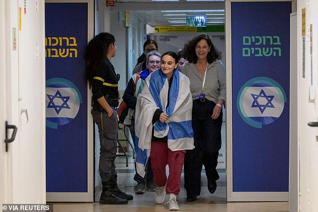 Emily Damari arrives at Sheba Medical Center in Ramat Gan, Israel