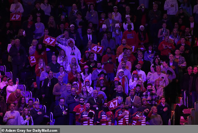 Trump supporters stand for the National Anthem inside Capitol One Arena