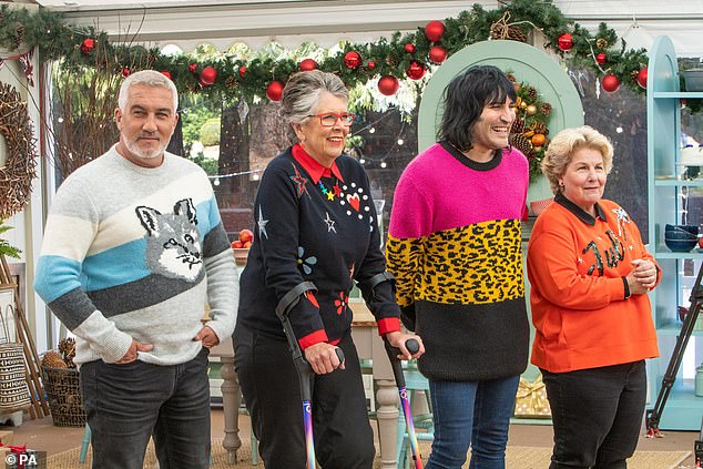 Noel previously co-hosted the baking competition with Sandi Toksvig (L-R) Paul Hollywood, Prue Leith, Noel and Sandi (pictured 2019)