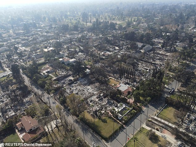 Firefighters have entered day 12 of the battle against two different wildfires destroying nearly 40K acres with the Palisades fire being 52% contained and the Eaton (Altadena) fire being 81% contained (Altadena pictured Sunday)