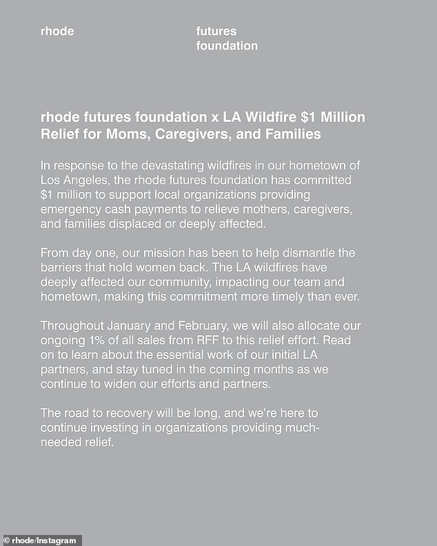 Last Thursday, Hailey's Rhode Futures Foundation committed $1M to support local organizations providing emergency cash payments to relieve mothers, caregivers, and families displaced or deeply affected by the LA wildfires